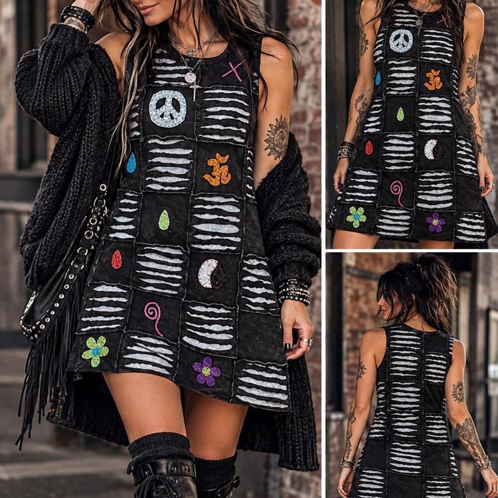 Rhea black bohogrunge patchwork dress